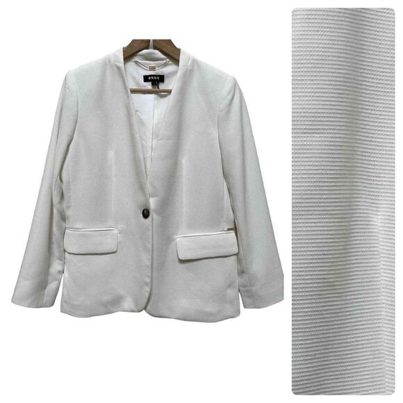 DKNY Ivory Textured One Button Closure Pocket Collarless Blazer Size 6 Small - Picture 1 of 13